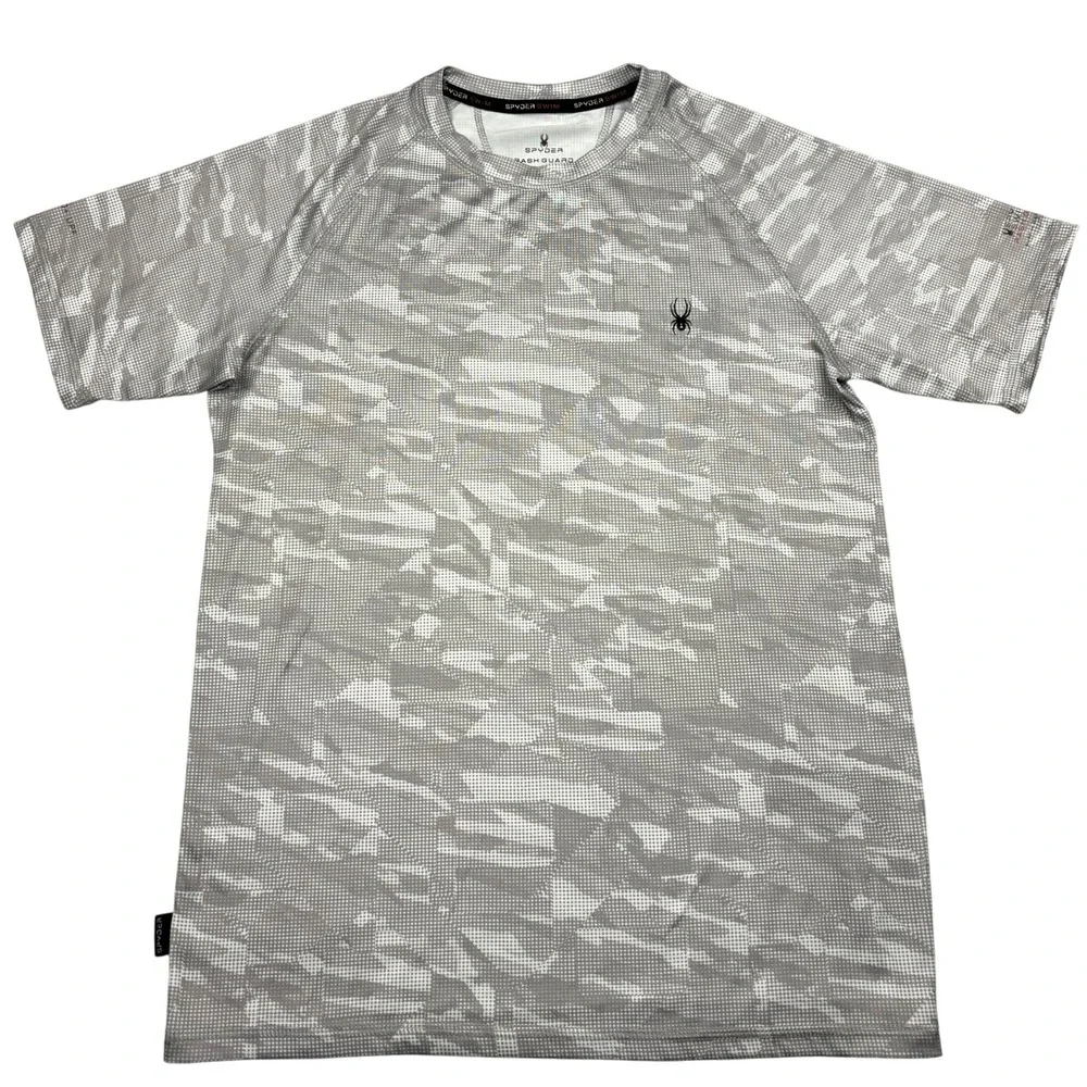 Spyder Mens Size S Rash Guard Swim Shirt Grey Camo UPF 30+ Short Sleeve Small